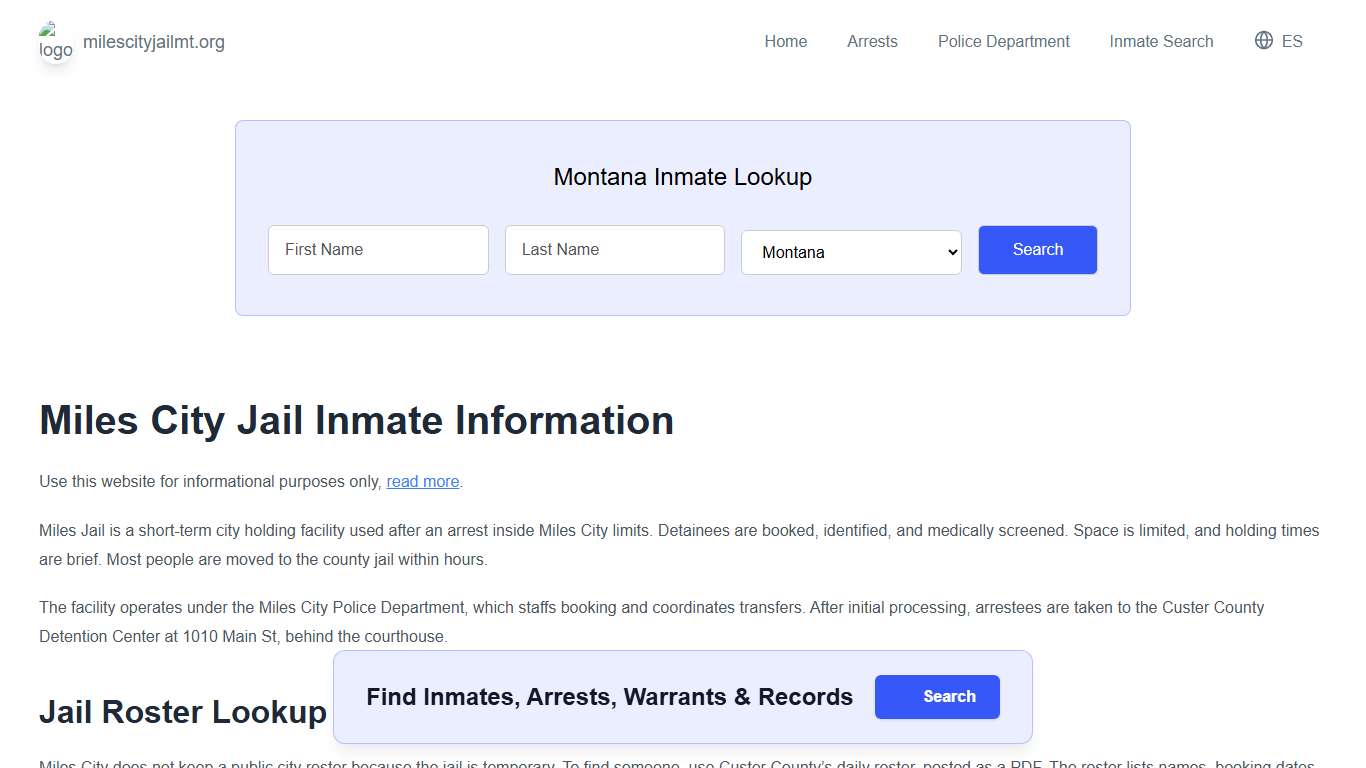 Miles Jail, MT Inmate Roster, Municipal Jail Info